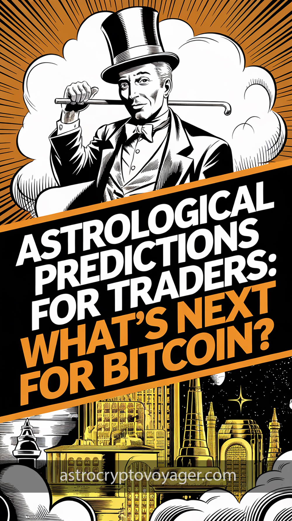 Comic book style, black and white with orange accents: Text on the image: "Astrological Predictions for Traders What’s Next for Bitcoin"